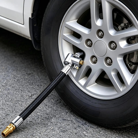 Heavy Duty Tire Inflator Hose Adapter Kit Converts To Lock Connection With All Metal Air Chuck Thumb Press Control For Schrader Thread Cars Trucks Leak Proof Fits Standard Valves Plug And Play Rock Solid Build. all-metal hose attached to car tire valve