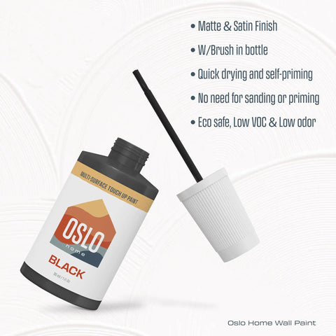 Black Matte Touch Up Paint With Brush In Bottle 1oz Quick Dry For Home Repairs On Cabinets Furniture And Walls Covers Scuffs And Knicks Great For Rentals And DIY Makeovers, showing Oslo brand bottle with brush and lid open.