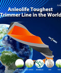 Illustration of Anleolife trimmer line against Earth with icons for low grass, high grass, brambles, dry, thick conditions.