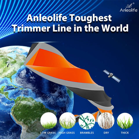 Illustration of Anleolife trimmer line against Earth with icons for low grass, high grass, brambles, dry, thick conditions.