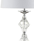 Close-up of 27.5 Inch Clear Crystal Table Lamp with Chrome detail, white linen drum shade, for Living Room and Bedroom