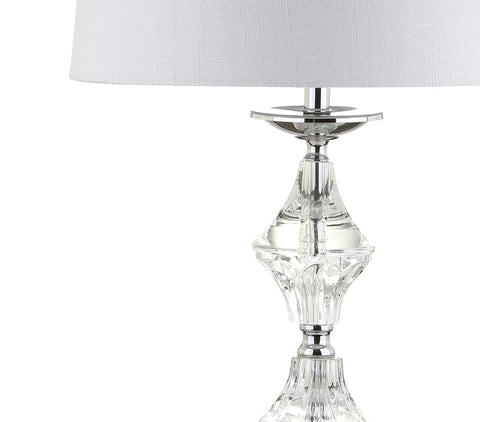Close-up of 27.5 Inch Clear Crystal Table Lamp with Chrome detail, white linen drum shade, for Living Room and Bedroom