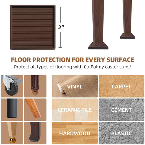 2x2 Square Rubber Furniture Caster Cups With Anti Slip Floor Grip Set Of 8 For All Floor Surfaces Protect Hardwood Tile Laminate Carpet Vinyl From Dings Scratches And Sliding, showing dimensions and floor compatibility.