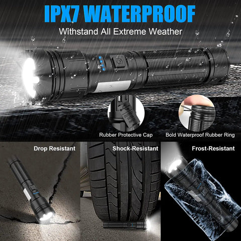 Beast Bright LED Magnetic Flashlight With USB Type C Rechargeable Battery in rain showcasing IPX7 waterproof feature and durability.