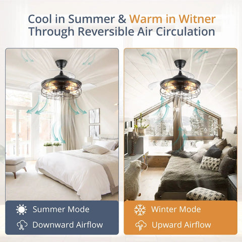 Dope 42 Inch Retractable Ceiling Fan With Lights in farmhouse industrial style shown in summer and winter mode settings