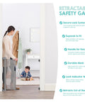 Woman installing 50 Inch Wide Retractable Baby Gate For Doorways And Hallways, Mesh Safety Barrier For Babies Toddlers And Pets, Extra Tall, Gray