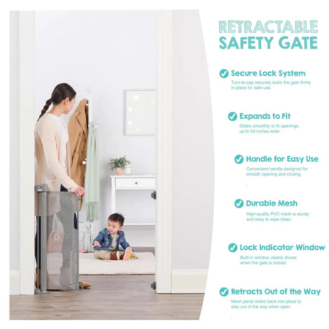 Woman installing 50 Inch Wide Retractable Baby Gate For Doorways And Hallways, Mesh Safety Barrier For Babies Toddlers And Pets, Extra Tall, Gray