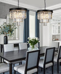 Modern Sleek 3 Tier Black Crystal Chandelier Pendant Light With Dimmable LEDs Flush Mount Ceiling Fixture in dining room