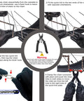 Instruction steps for installing All In One Bike Chain Kit for 6 7 8 Speed 126 Links with tools and chain on a bicycle.