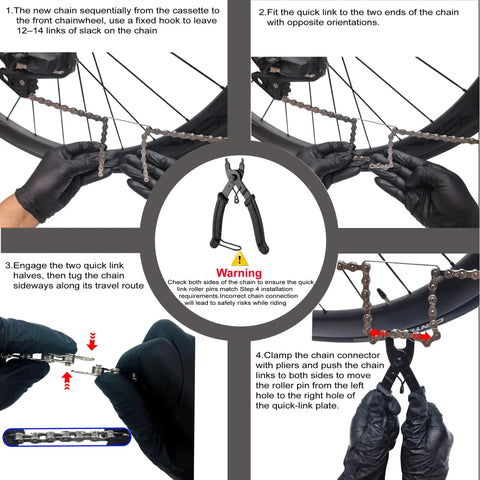 Instruction steps for installing All In One Bike Chain Kit for 6 7 8 Speed 126 Links with tools and chain on a bicycle.
