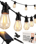 Solar Powered Outdoor String Lights 27 Ft With 12 Shatterproof LED Edison Bulbs Waterproof Patio Lights For Porch And Backyard 1W Soft White Detachable Solar Panel Easy On Off displayed with included solar panel and packaging.