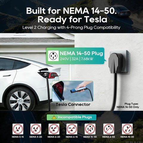 Level Two Ev Portable Charger For Tesla And Nacs Rides Offering Straight Plug Setup With 32 Amp 240V Power Via Nema 14 50 Outlet And 25 Foot Cord Adjustable Ampage with NEMA 14-50 plug