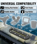 Low Profile Kayak Track Rail System For Universal Mounts With Rock Solid Nylon And 304 Stainless Steel Build, Fits Fishing Rod Holders, Cup Holders, Paddle Holders, Anchors, Fish Finders, And More Kayak Accessories, shown on kayak deck