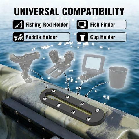 Low Profile Kayak Track Rail System For Universal Mounts With Rock Solid Nylon And 304 Stainless Steel Build, Fits Fishing Rod Holders, Cup Holders, Paddle Holders, Anchors, Fish Finders, And More Kayak Accessories, shown on kayak deck