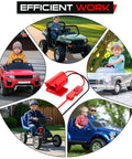 Upgraded Milwaukee 12V Battery Adapter For Ride On Wheel Toys with all-in-one switch and fuse design, shown with various toy vehicles.