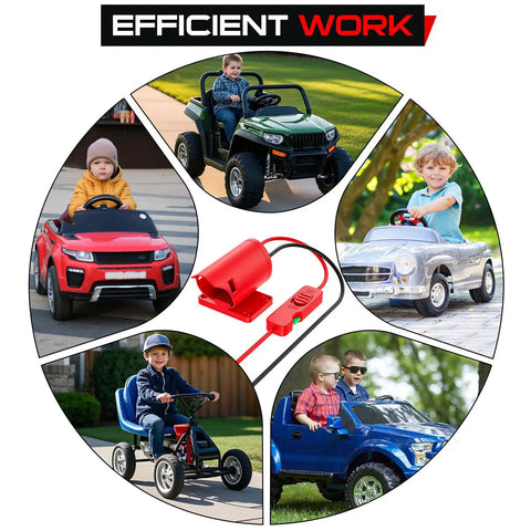 Upgraded Milwaukee 12V Battery Adapter For Ride On Wheel Toys with all-in-one switch and fuse design, shown with various toy vehicles.