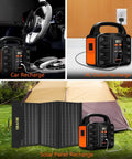 Go To Portable 150W Power Station With 155Wh Battery and 42000mAh Solar Generator showing car, AC outlet, and solar recharging options