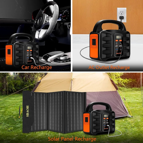 Go To Portable 150W Power Station With 155Wh Battery and 42000mAh Solar Generator showing car, AC outlet, and solar recharging options