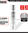 Magnetic Swivel Spark Plug Socket Set, 3/8 Inch Drive, Thin Wall Design, showing 14mm CR-V steel construction with knurled grip