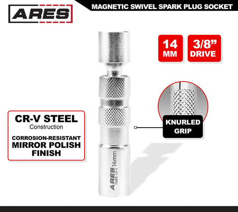 Magnetic Swivel Spark Plug Socket Set, 3/8 Inch Drive, Thin Wall Design, showing 14mm CR-V steel construction with knurled grip