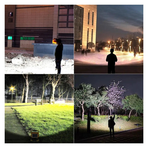 JUDYSSY 2000W Solar Flood Light Outdoor Portable Led Reflector Spotlight illuminating a garden in the dark with vibrant colors.