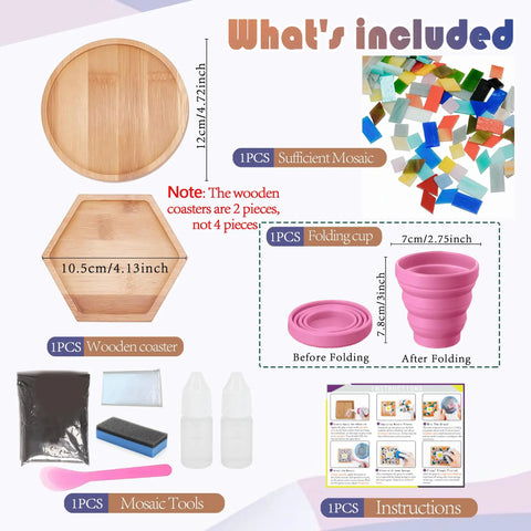 Ultimate Mosaic DIY Kit for Adults, Mixed Color Stained Glass Tiles with two wooden coaster bases and accessories included