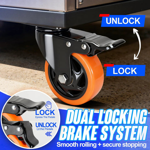 4 Inch Caster Set Of 4 Dual Locking PU Casters With 2400Lb Capacity Swivel Wheels showing dual locking brake system