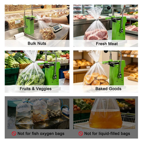 Smooth Operator Manual Bag Clipper Sealer Stapler With Two Thousand U Shaped Staples For Retail Store Bins And Grocery Sacks Bags It Tight And Cuts Messy Ends in use for sealing various food items.