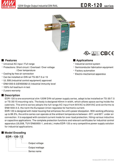 EDR-120-24 DIN Rail Power Supply 24V 5A 120W, single-output metal case on DIN rail for industrial control panels