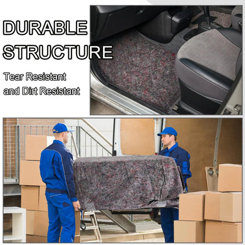 Image showing 32 Piece Bulk Moving Blankets 54 By 72 Inch Heavy Duty Furniture Pads For Protecting Floors And Furniture During Moves Storage And Shipping Ideal Packing Blanket Set Brown Budget Friendly Easy To Use For Home Movers used in a car and during a move with two people.