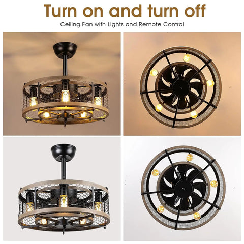 Dope 20 Inch Caged Bladeless Ceiling Fan With Lights And Remote Black Rustic Farmhouse Style for bedrooms and kitchens