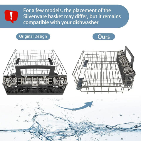 Replacement Lower Rack For GE Dishwashers That Fits WD28X34744 WD28X26099 And Other Compatible Part Numbers Durable No-Fuss Install Heavy Duty Rack For Safe Stable Dish Cleaning. Original and updated dishwasher lower rack design shown