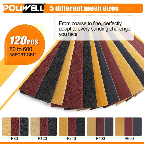 120 Pcs Micro Detail Sandpaper Kit With Storage Box showing 80 to 600 grit range. Includes various grit sandpapers on display.