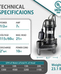 One Half HP Submersible Sewage Pump With Auto Float Switch 115V Cast Iron 5300 GPH 23 Ft Head 2 Inch NPT Discharge 10 Ft Cable