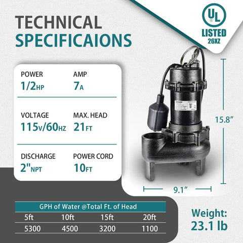 One Half HP Submersible Sewage Pump With Auto Float Switch 115V Cast Iron 5300 GPH 23 Ft Head 2 Inch NPT Discharge 10 Ft Cable