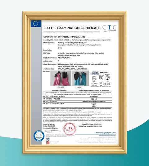 EU-Type examination certificate for Grind Ready Reusable Nitrile Chemical Work Gloves With Soft Nylon Lining And Black Sandy Non Slip Grip For Serious Acid Alkali Oil Protection On Auto Shop Jobsites X Large.