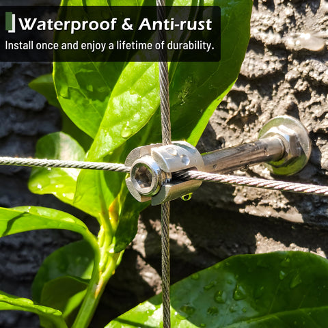 Close-up of Outdoor Wire Trellis Kit For Climbing Plants, 12-Piece Wall System With 1/8 Inch By 53 Ft Stainless Steel Cable on wall.