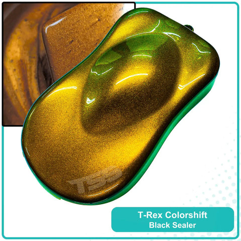 Kickin Color Shift Automotive Basecoat Midcoat Full Gallon Ready To Spray Rich Green Gold Copper Rose Flake heavy hiding sample on display.