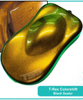 High Definition Automotive Colorshift Paint Basecoat And Midcoat Gallon Kit Ready To Spray In Minutes With Compatible Medium Reducer for a vibrant green to gold color shift on a paint sample.