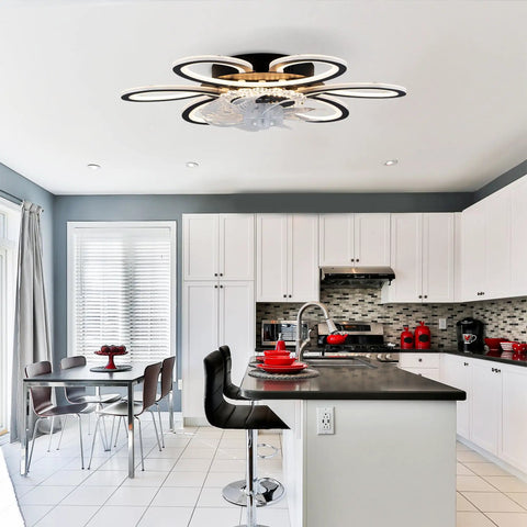 5 Pc Ceiling Fan with Lights Remote Control 25 inch Black 6 Speeds 3 Light installed in modern kitchen.