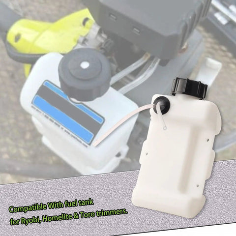 Gas Tank Assembly Replacement With Fuel Lines And Filter Cap For Ryobi Toro Homelite Trimmer Models RY251PH RY252CS RY253SS RY254BC RY252C Includes Cap No Fuss Direct Replacement For Your Trimmer shown with white plastic tank and black cap.