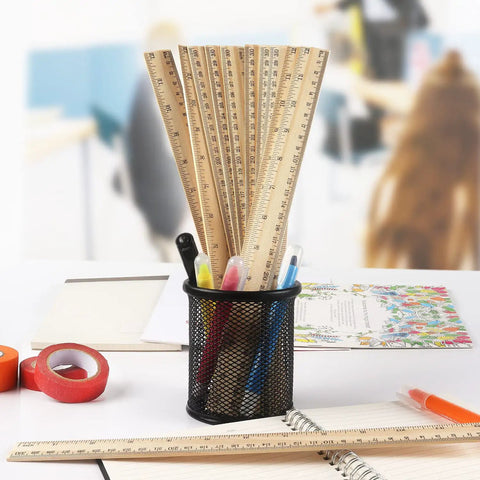 Three Pack 12 Inch Wooden Rulers With Dual Scale Imperial And Metric, Durable Smooth Finish, Sharp Markings, 1 16th Inch Graduations, Handy For Crafts, School, And DIY Woodworking in pencil cup