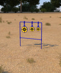 Beefy Three Eighths Inch Auto Reset Spinner Target For Centerfire Handguns Up To.44 Magnum in a desert setting.
