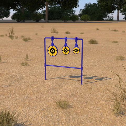 Beefy Three Eighths Inch Auto Reset Spinner Target For Centerfire Handguns Up To.44 Magnum in a desert setting.