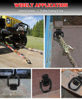 Heavy Duty Bolt On Forged D Ring Tie Down Anchors Tough As Nails With 12,000 Pound Break Strength For Trailers Trucks And Cargo Tie Downs Pack Of 4 Black Easy Install No Welding Required shown securing a vehicle, with installation close-ups.