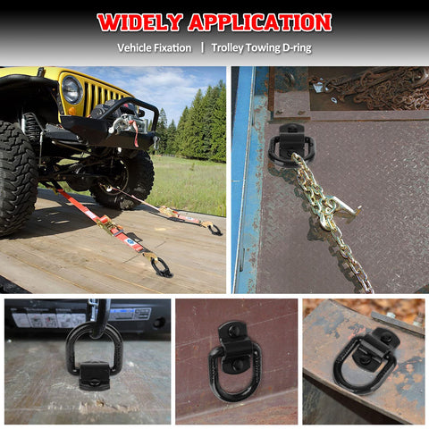 Heavy Duty Bolt On Forged D Ring Tie Down Anchors Tough As Nails With 12,000 Pound Break Strength For Trailers Trucks And Cargo Tie Downs Pack Of 4 Black Easy Install No Welding Required shown securing a vehicle, with installation close-ups.