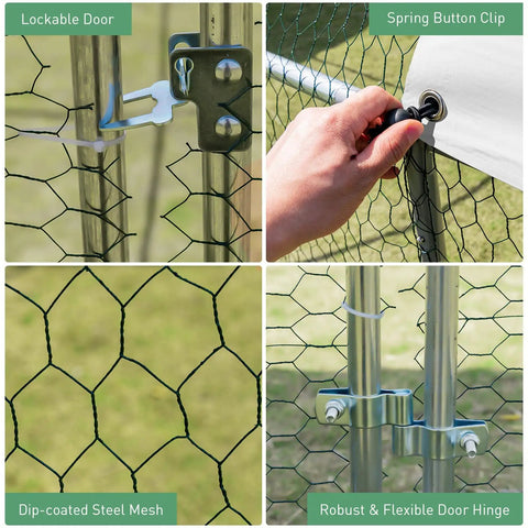 Heavy Duty 12.5 Foot Metal Chicken Coop With Galvanized Walk In Run And Waterproof PE Cover features lockable door and steel mesh