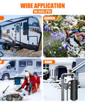 Blue 25-ft heated water hose for RV; anti-freeze to -47°F, shown connected to an RV, watering garden, camping, and home plumbing.