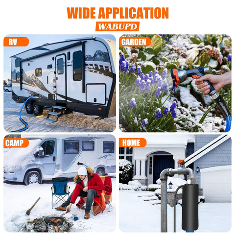 Blue 25-ft heated water hose for RV; anti-freeze to -47°F, shown connected to an RV, watering garden, camping, and home plumbing.