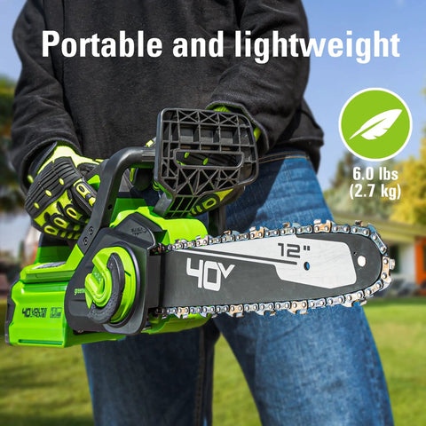 Person holding a 40V Cordless 12 Inch Compact Chainsaw Tool Only For Storm Cleanup Pruning And Camping Homeowner Friendly with Low Kickback Chain
